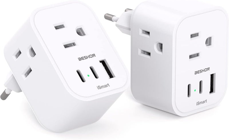 BESHON 【2-Pack】 European Travel Plug Adapter, International Power Plug Adapter with 3 Outlets 3 USB Ports(2 USB C), Type C Plug Adapter Travel Essentials to Most Europe Spain Italy France Germany - Image 1